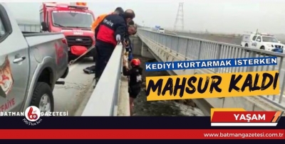 KEDİYİ KURTARMAK İSTERKEN MAHSUR KALDI